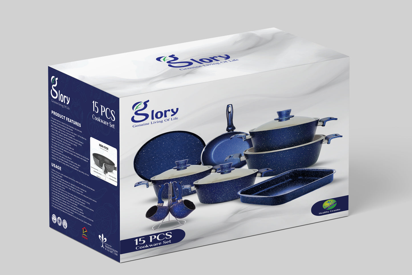 Blue Cookware Set 15 Pieces: 4 Pots (18-20-24-28) + Frying Pan (26) + Rectangular Casserole (30) + Pizza Pan (28) + 4-Piece Coffee Pot Set