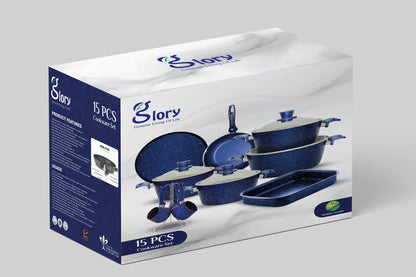 Blue Cookware Set 15 Pieces: 4 Pots (18-20-24-28) + Frying Pan (26) + Rectangular Casserole (30) + Pizza Pan (28) + 4-Piece Coffee Pot Set