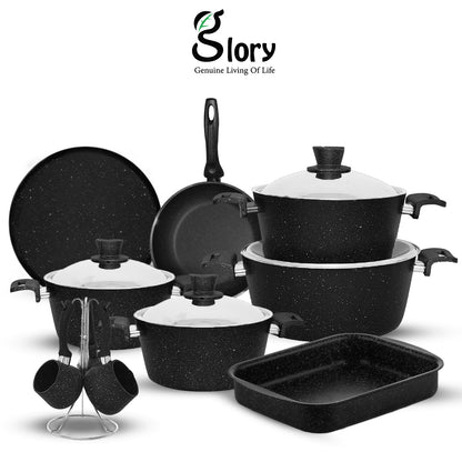 Blue Cookware Set 15 Pieces: 4 Pots (18-20-24-28) + Frying Pan (26) + Rectangular Casserole (30) + Pizza Pan (28) + 4-Piece Coffee Pot Set