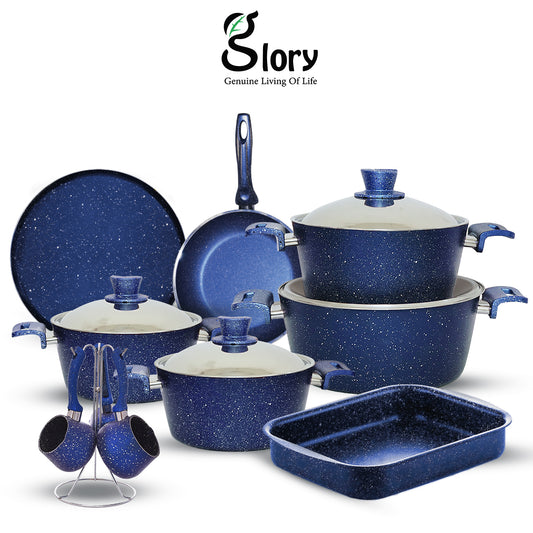 Blue Cookware Set 15 Pieces: 4 Pots (18-20-24-28) + Frying Pan (26) + Rectangular Casserole (30) + Pizza Pan (28) + 4-Piece Coffee Pot Set